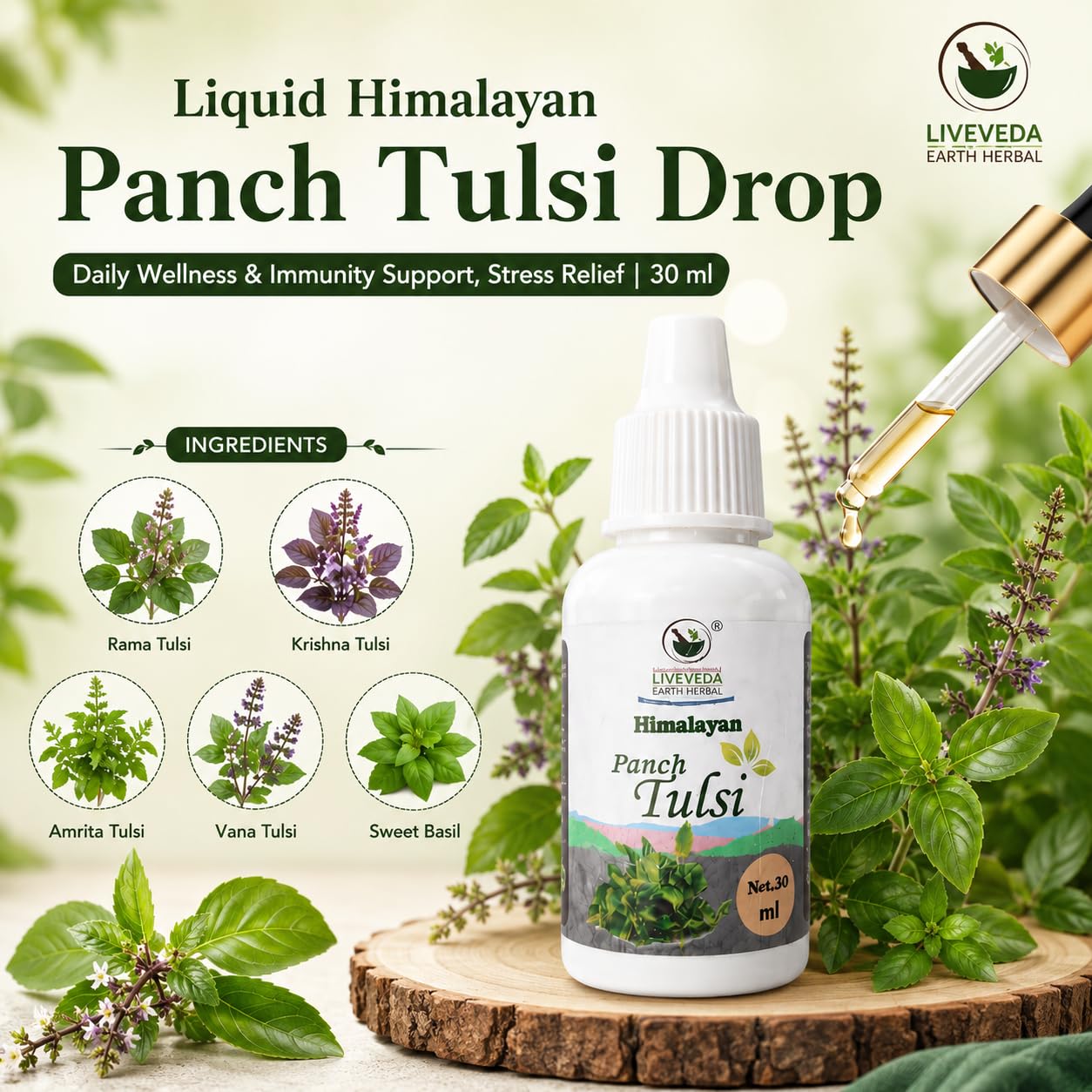 Himalayan Panch Tulsi Drops 30ml | Blend of 5 Sacred Tulsi Varieties | Ayurvedic Herbal Supplement for Immunity, Respiratory Health, Stress Relief & Daily Wellness