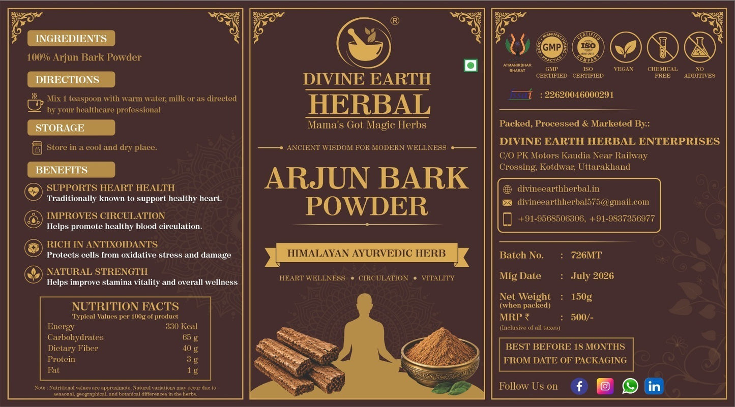 Arjun Ki Chaal Powder 150g | 100% Pure Terminalia Arjuna Bark Powder | Ayurvedic Herbal Supplement for Heart Health, Blood Circulation & Cardiovascular Wellness