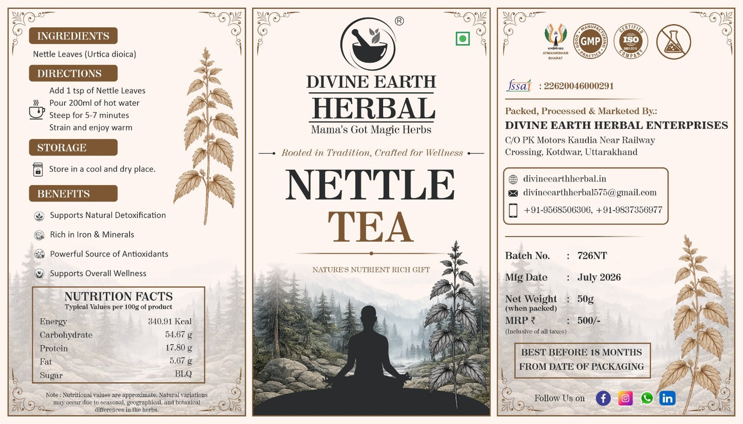 Divine Earth Herbal Nettle Green Tea | Loose Leaves Infused With Natural Nettle Leaves | Stress and Anxiety Boosting 50gm