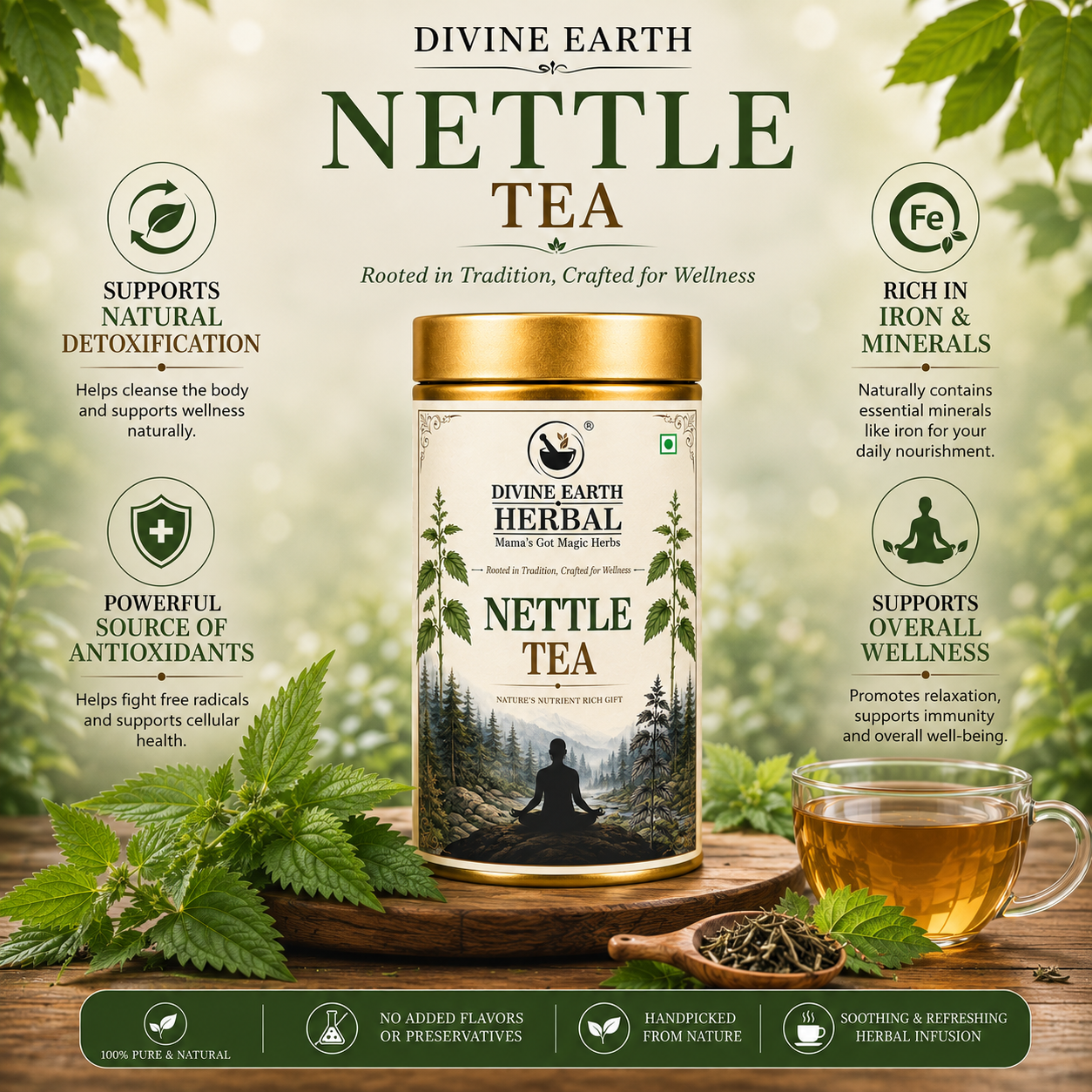 Divine Earth Herbal Nettle Green Tea | Loose Leaves Infused With Natural Nettle Leaves | Stress and Anxiety Boosting 50gm