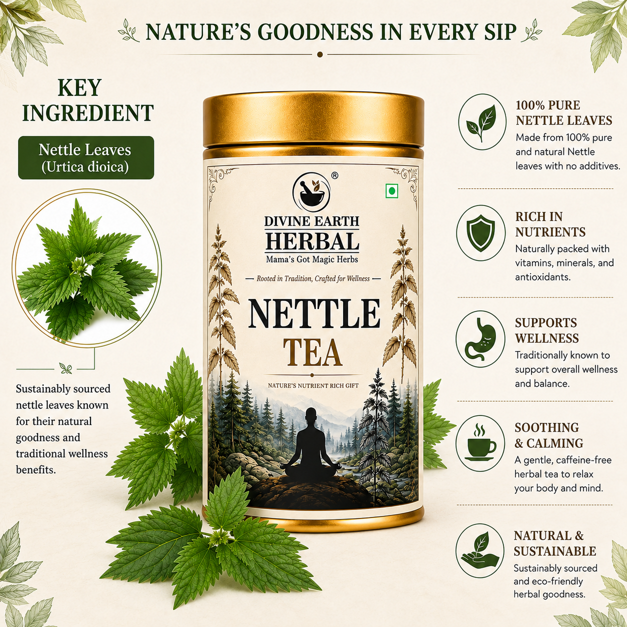 Divine Earth Herbal Nettle Green Tea | Loose Leaves Infused With Natural Nettle Leaves | Stress and Anxiety Boosting 50gm