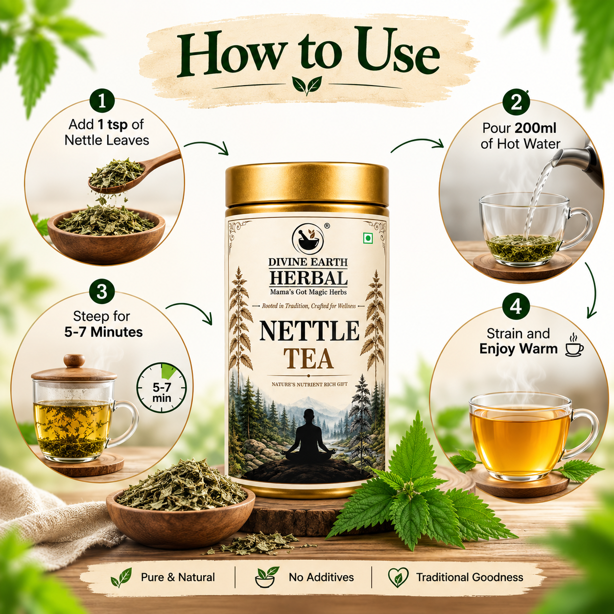 Divine Earth Herbal Nettle Green Tea | Loose Leaves Infused With Natural Nettle Leaves | Stress and Anxiety Boosting 50gm