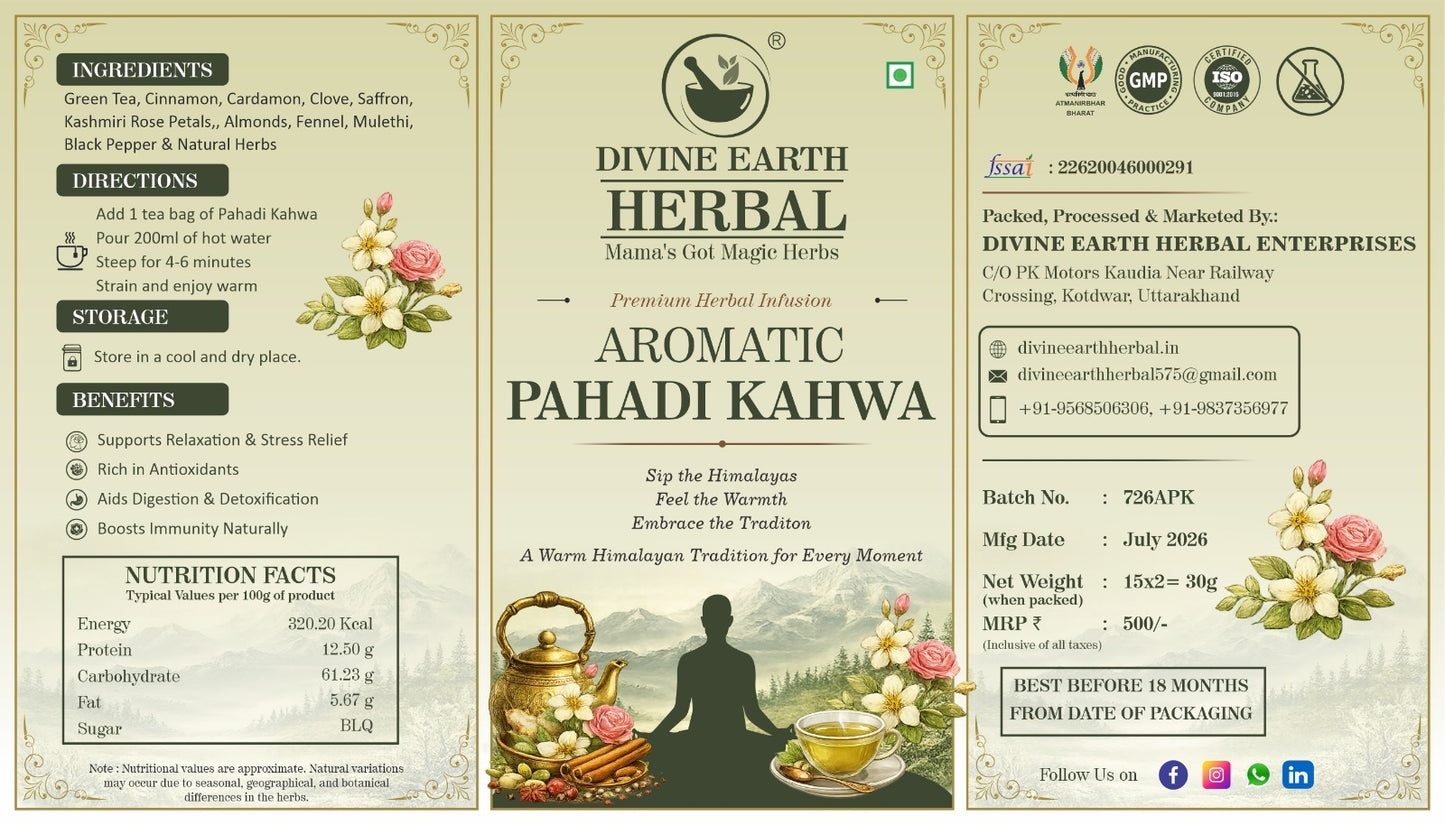 Pahadi Kahwa Tea | Herbal Tea | Whole 15 Tea Bags with Natural Ingredients For Weight Loss, Improves Digestion, Energy Booster proves Skin Health Stress Net Weight 30 grams