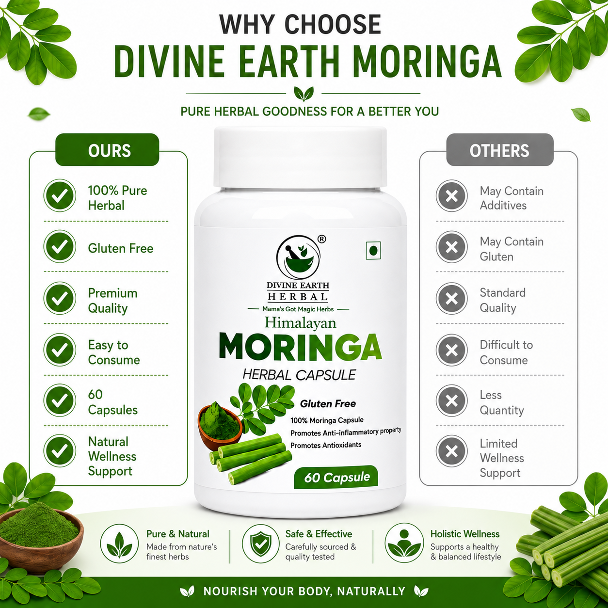 Himalayan Moringa Capsules | 60 Vegetarian Capsules | 100% Natural Moringa Supplement | Rich in Antioxidants, Vitamins & Minerals | Supports Immunity, Energy, Digestion, Skin & Hair Health