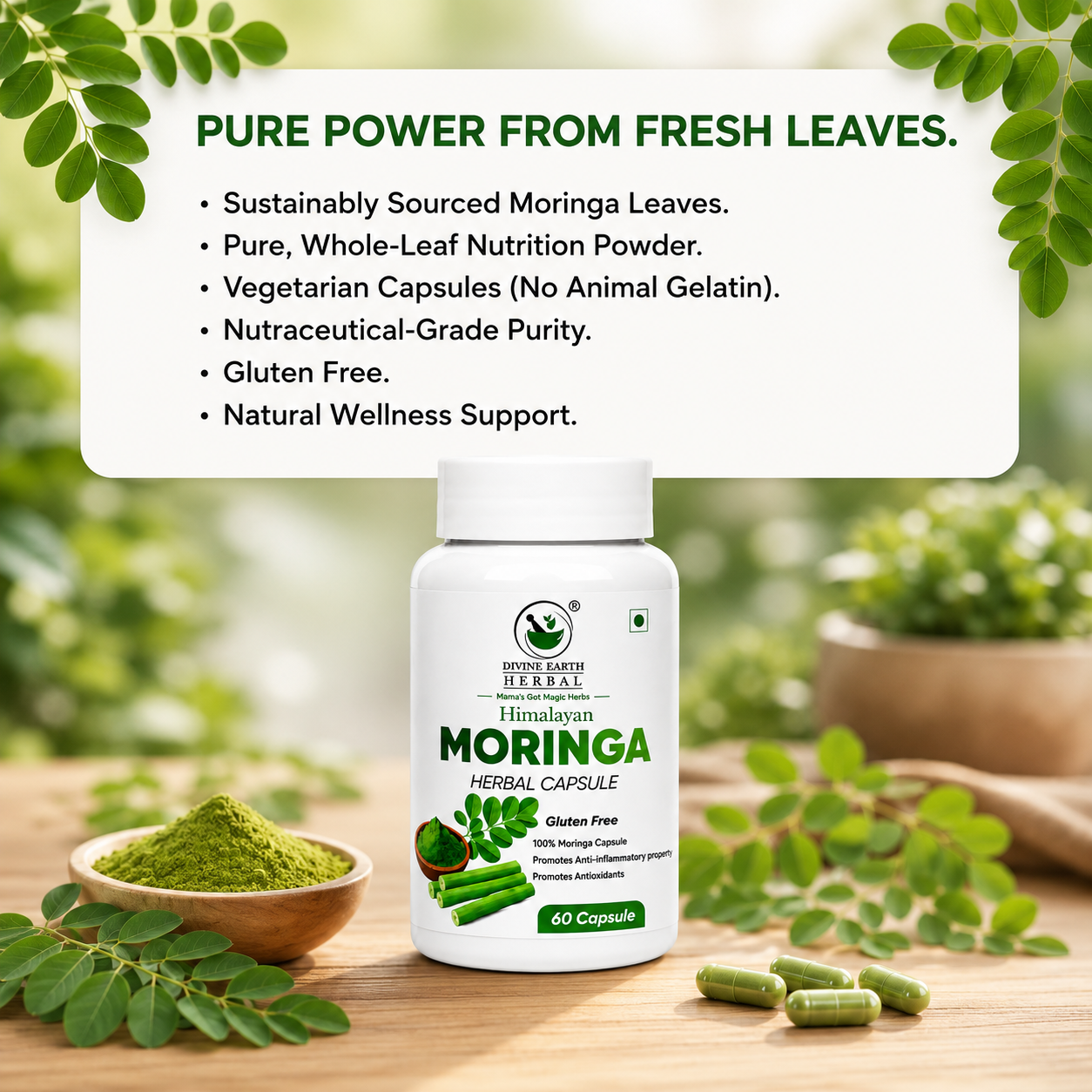 Himalayan Moringa Capsules | 60 Vegetarian Capsules | 100% Natural Moringa Supplement | Rich in Antioxidants, Vitamins & Minerals | Supports Immunity, Energy, Digestion, Skin & Hair Health