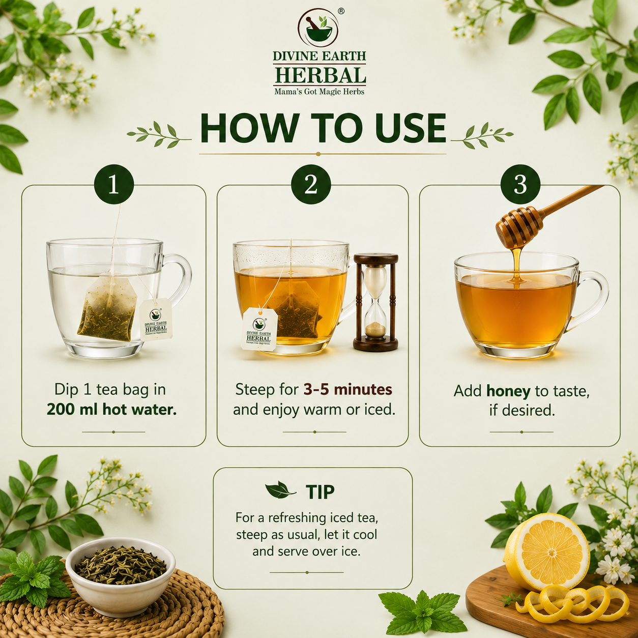 Divine Earth Herbal Refreshment Tea | Premium Herbal Infusion | Green Tea with Peppermint, Hibiscus, Lemongrass & Rose Petals | Refreshing Wellness | 15 Tea Bags (30g)
