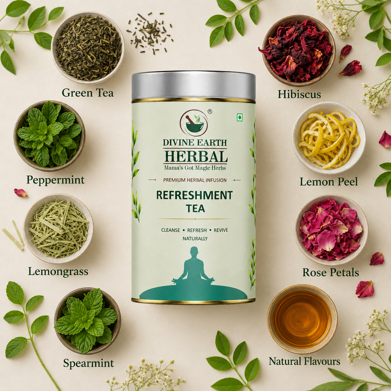 Divine Earth Herbal Refreshment Tea | Premium Herbal Infusion | Green Tea with Peppermint, Hibiscus, Lemongrass & Rose Petals | Refreshing Wellness | 15 Tea Bags (30g)