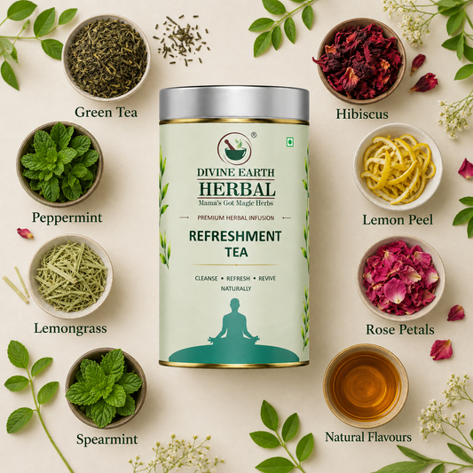 Divine Earth Herbal Refreshment Tea | Premium Herbal Infusion | Green Tea with Peppermint, Hibiscus, Lemongrass & Rose Petals | Refreshing Wellness | 15 Tea Bags (30g)