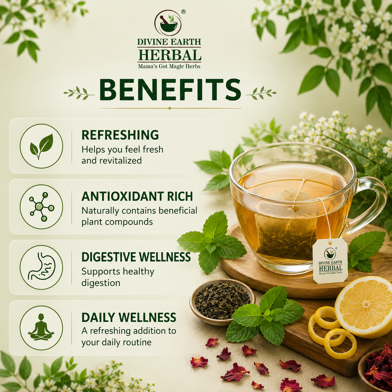 Divine Earth Herbal Refreshment Tea | Premium Herbal Infusion | Green Tea with Peppermint, Hibiscus, Lemongrass & Rose Petals | Refreshing Wellness | 15 Tea Bags (30g)