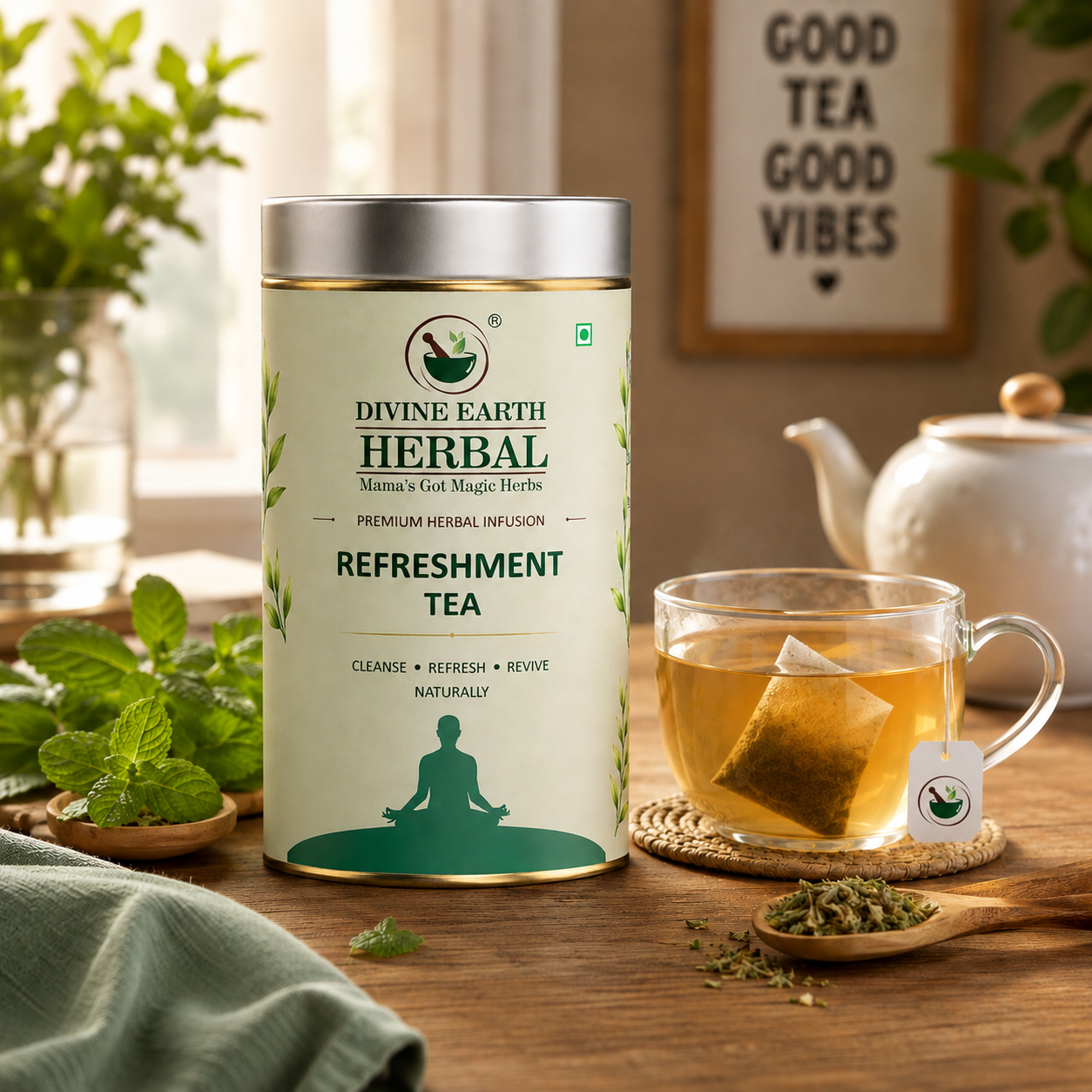 Divine Earth Herbal Refreshment Tea | Premium Herbal Infusion | Green Tea with Peppermint, Hibiscus, Lemongrass & Rose Petals | Refreshing Wellness | 15 Tea Bags (30g)