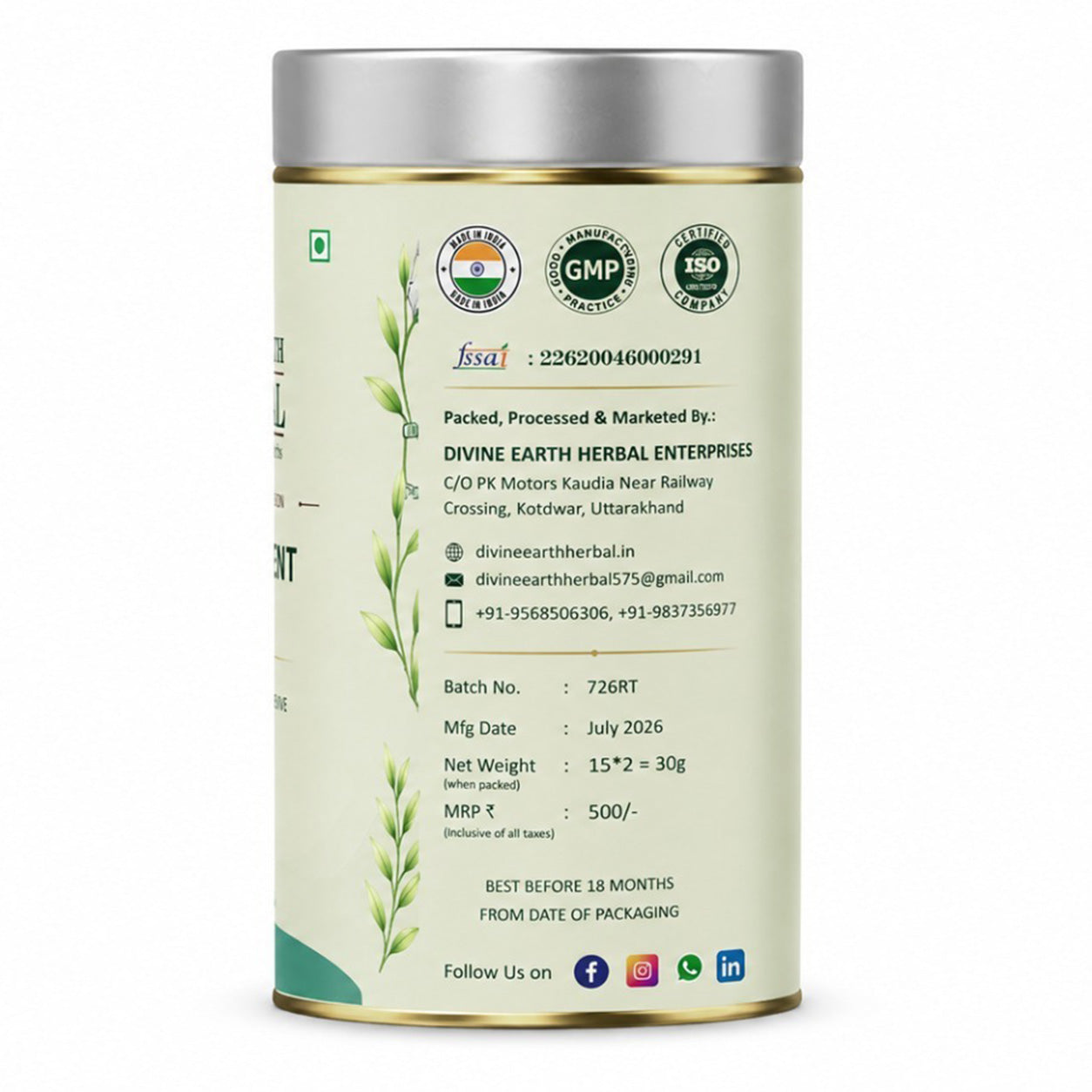Divine Earth Herbal Refreshment Tea | Premium Herbal Infusion | Green Tea with Peppermint, Hibiscus, Lemongrass & Rose Petals | Refreshing Wellness | 15 Tea Bags (30g)