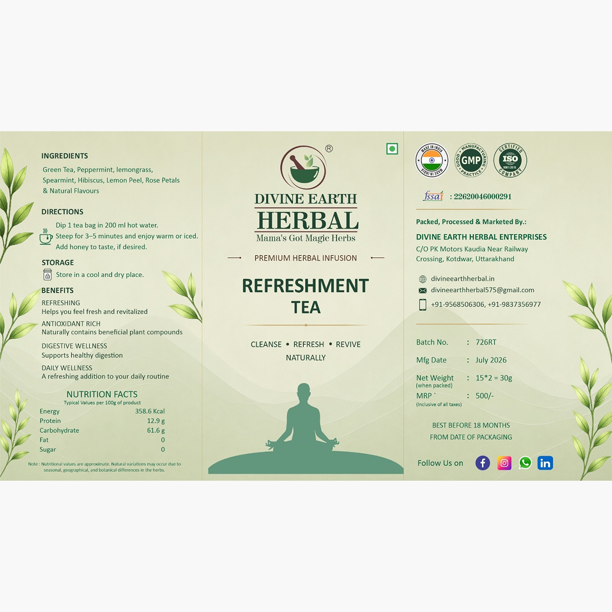 Divine Earth Herbal Refreshment Tea | Premium Herbal Infusion | Green Tea with Peppermint, Hibiscus, Lemongrass & Rose Petals | Refreshing Wellness | 15 Tea Bags (30g)
