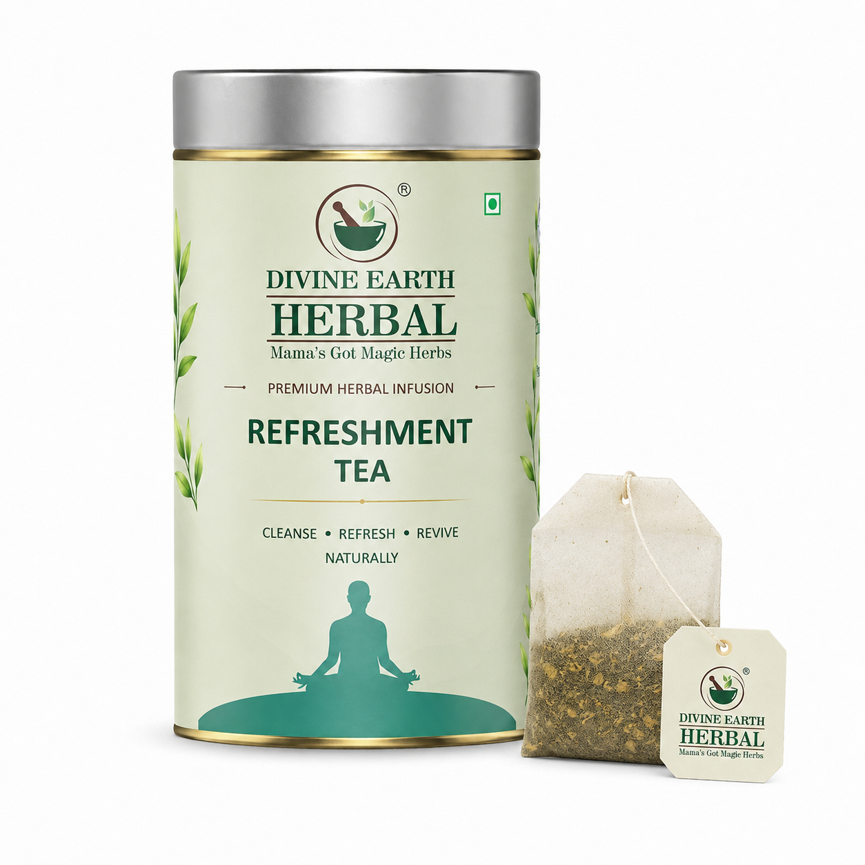 Divine Earth Herbal Refreshment Tea | Premium Herbal Infusion | Green Tea with Peppermint, Hibiscus, Lemongrass & Rose Petals | Refreshing Wellness | 15 Tea Bags (30g)