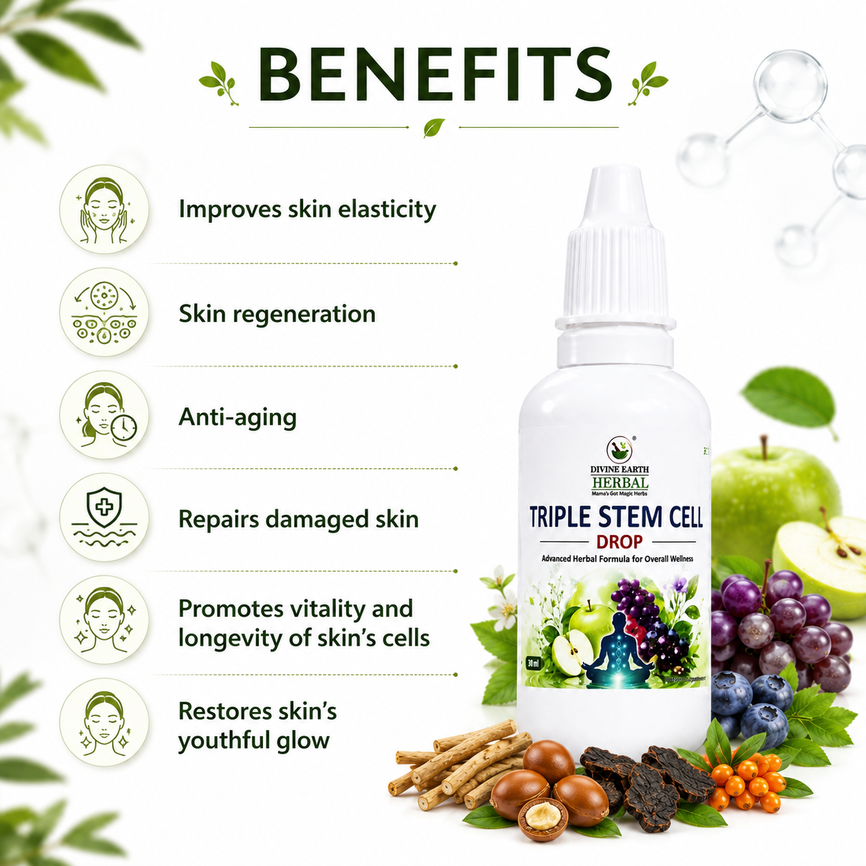 Liquid Triple Stem Cell Drops 30ml | Apple, Grape & Edelweiss Stem Cell Extract | Antioxidant Formula for Immunity, Skin Vitality, Hydration & Daily Wellness Support