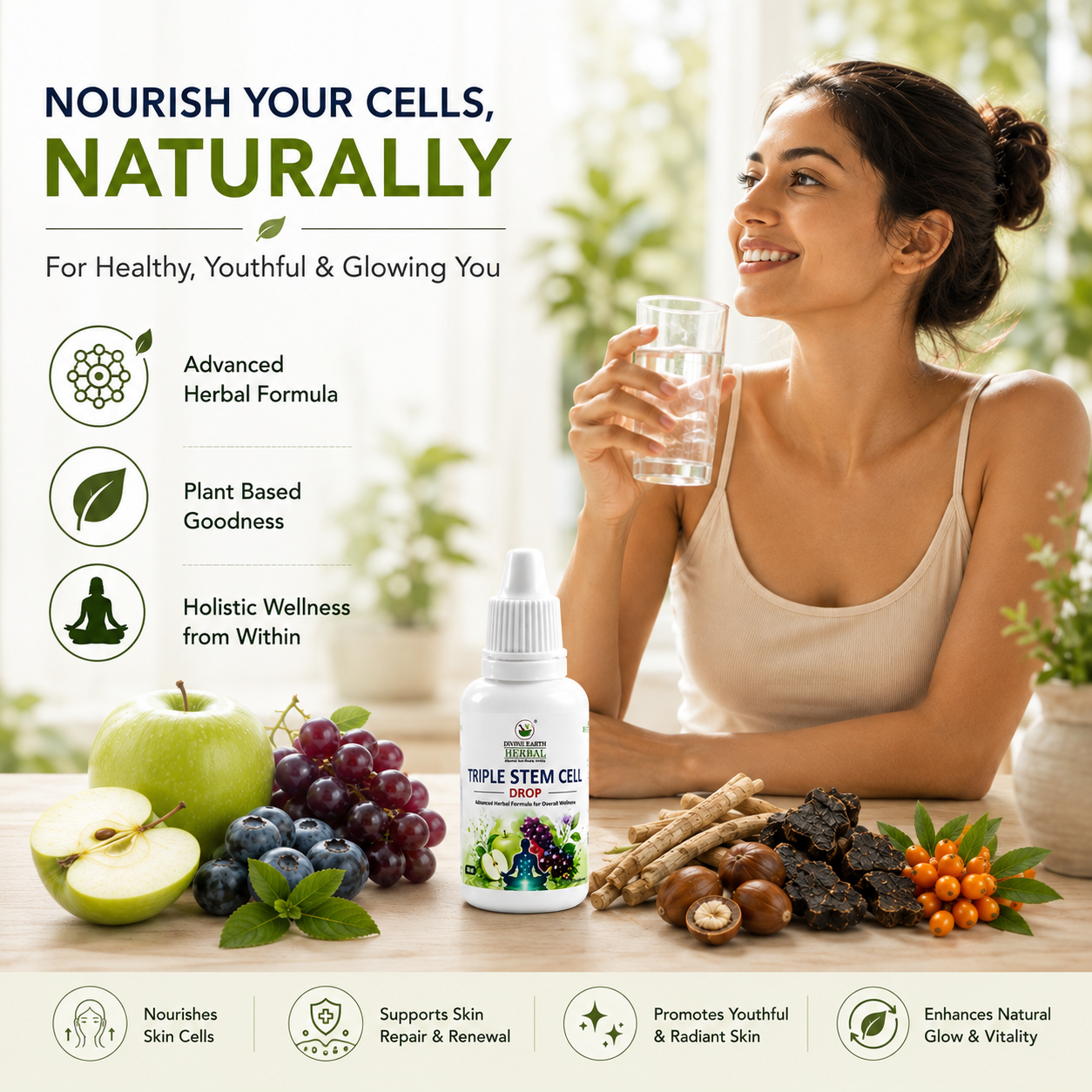 Liquid Triple Stem Cell Drops 30ml | Apple, Grape & Edelweiss Stem Cell Extract | Antioxidant Formula for Immunity, Skin Vitality, Hydration & Daily Wellness Support