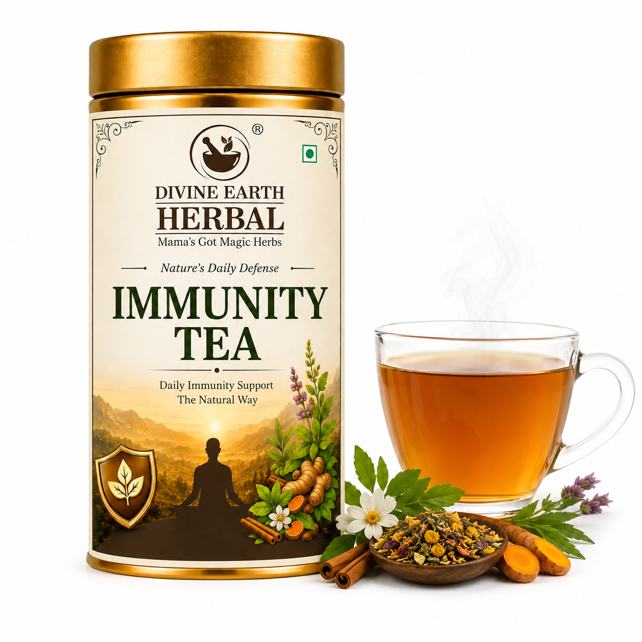 Divine Earth Herbal Ayurvedic Immunity Tea | Caffeine-Free Loose Leaf Herbal Tea | Daily Immunity Support | Tulsi, Giloy, Ashwagandha, Mulethi & 30+ Herbs | 70g