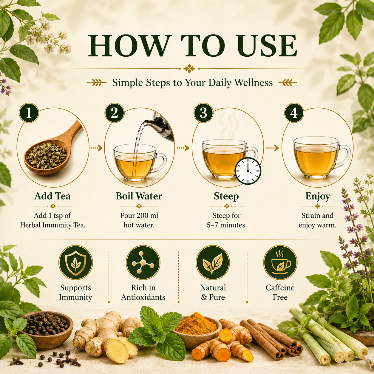 Divine Earth Herbal Ayurvedic Immunity Tea | Caffeine-Free Loose Leaf Herbal Tea | Daily Immunity Support | Tulsi, Giloy, Ashwagandha, Mulethi & 30+ Herbs | 70g
