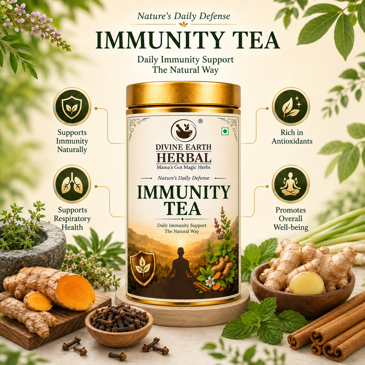 Divine Earth Herbal Ayurvedic Immunity Tea | Caffeine-Free Loose Leaf Herbal Tea | Daily Immunity Support | Tulsi, Giloy, Ashwagandha, Mulethi & 30+ Herbs | 70g