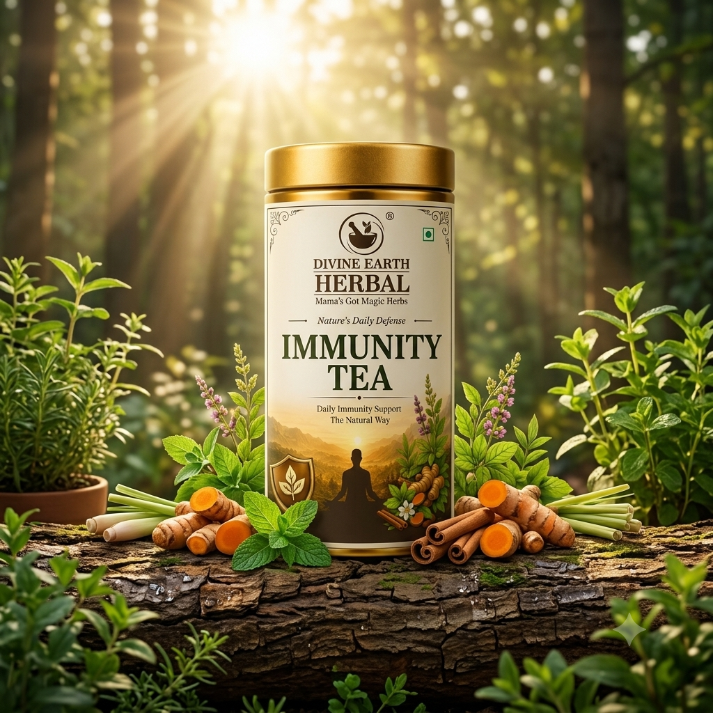 Divine Earth Herbal Ayurvedic Immunity Tea | Caffeine-Free Loose Leaf Herbal Tea | Daily Immunity Support | Tulsi, Giloy, Ashwagandha, Mulethi & 30+ Herbs | 70g