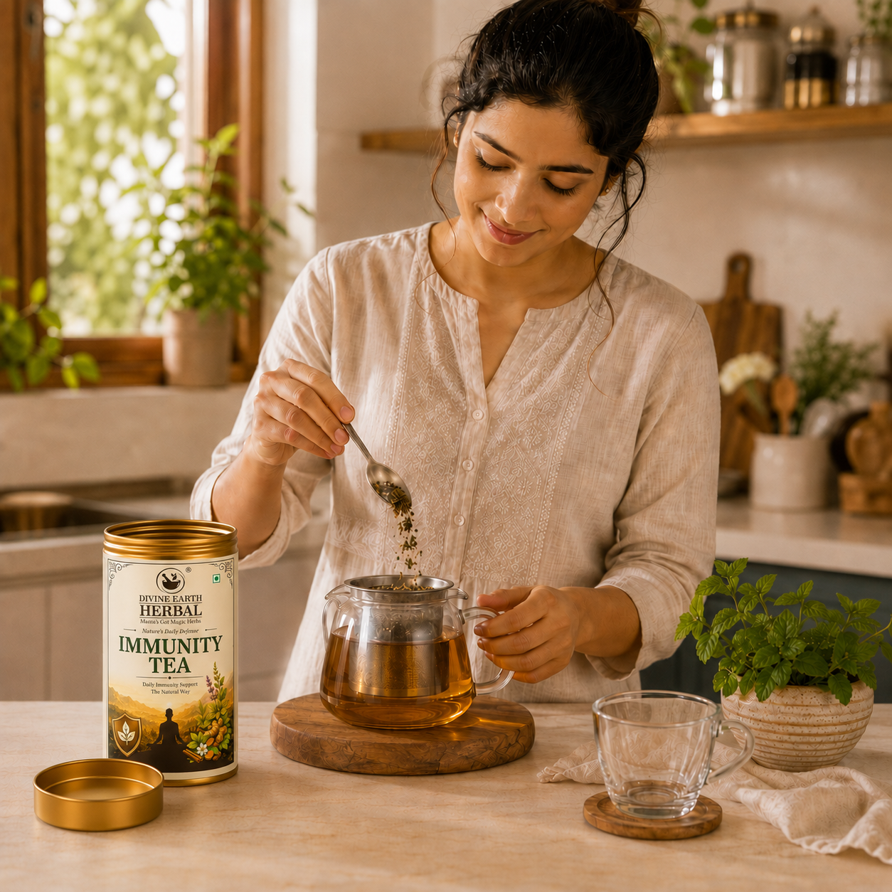 Divine Earth Herbal Ayurvedic Immunity Tea | Caffeine-Free Loose Leaf Herbal Tea | Daily Immunity Support | Tulsi, Giloy, Ashwagandha, Mulethi & 30+ Herbs | 70g