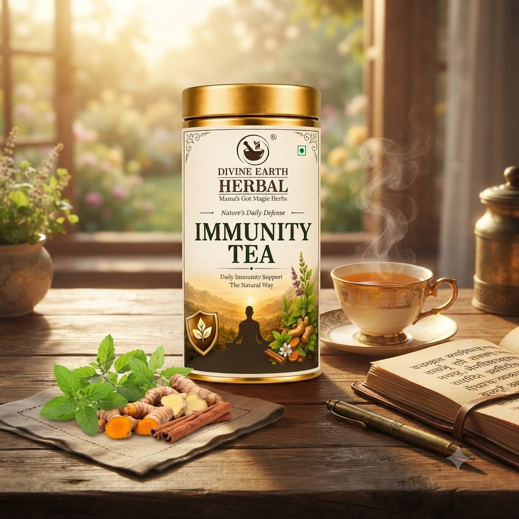 Divine Earth Herbal Ayurvedic Immunity Tea | Caffeine-Free Loose Leaf Herbal Tea | Daily Immunity Support | Tulsi, Giloy, Ashwagandha, Mulethi & 30+ Herbs | 70g