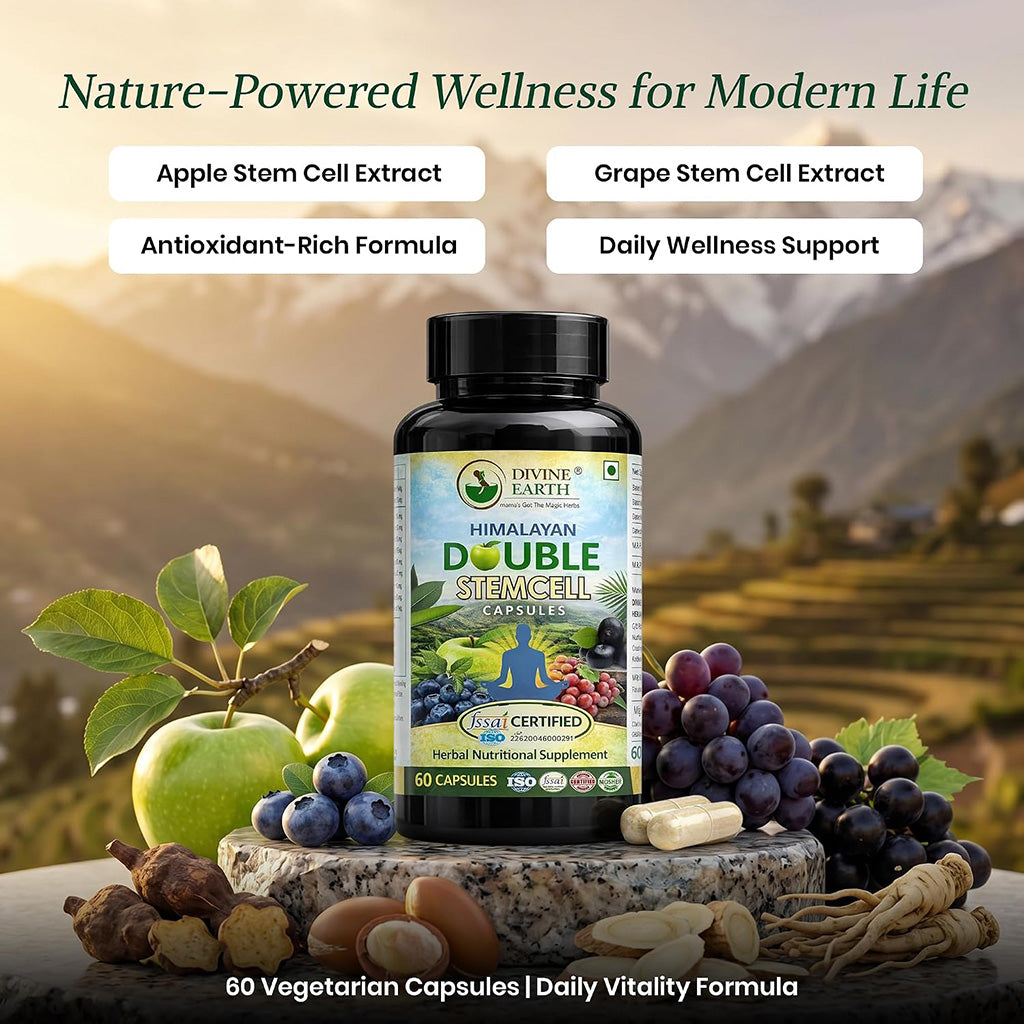 Divine Earth Herbal Himalayan Double Stemcell Capsules | 60 Capsules | Apple & Grape Stem Cell Extract with Acai Berry, Blueberry & Herbal Botanicals | Supports Immunity, Energy, Skin Health & Overall Wellness