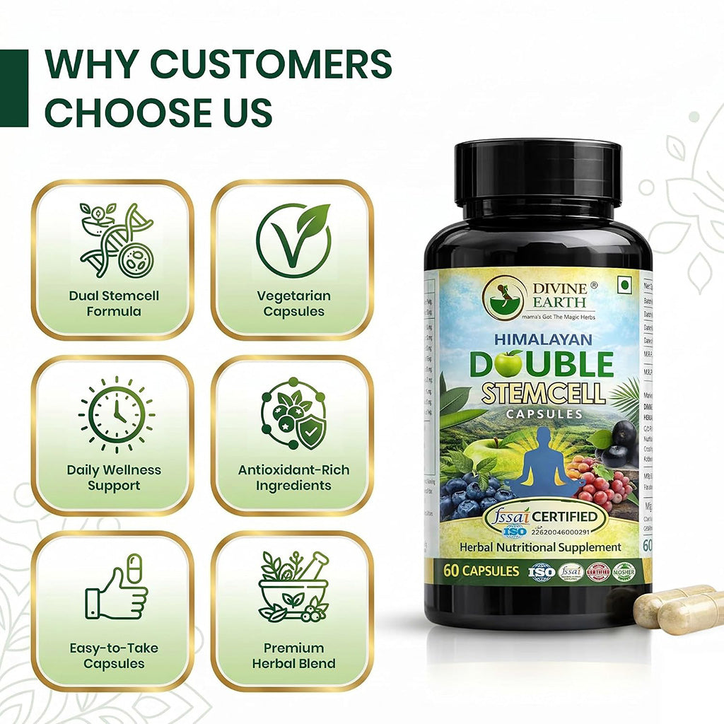 Divine Earth Herbal Himalayan Double Stemcell Capsules | 60 Capsules | Apple & Grape Stem Cell Extract with Acai Berry, Blueberry & Herbal Botanicals | Supports Immunity, Energy, Skin Health & Overall Wellness