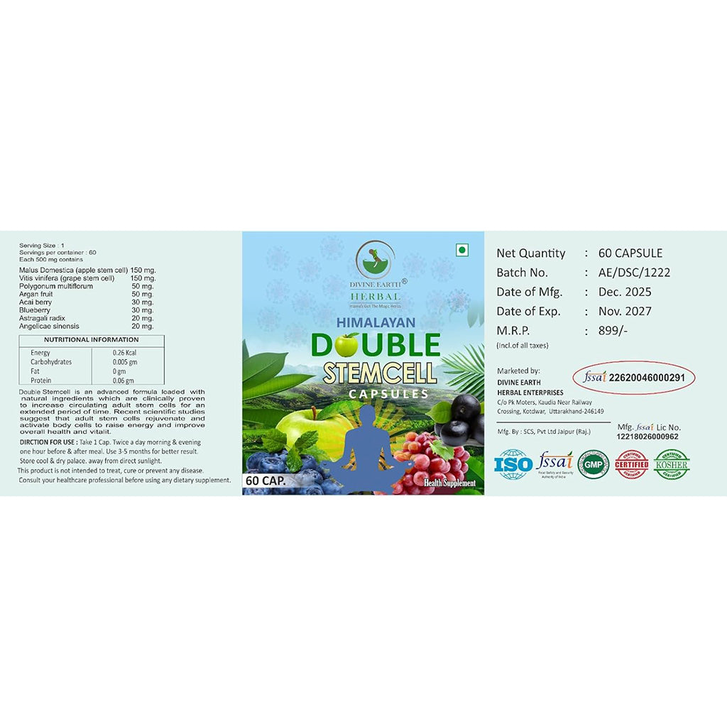 Divine Earth Herbal Himalayan Double Stemcell Capsules | 60 Capsules | Apple & Grape Stem Cell Extract with Acai Berry, Blueberry & Herbal Botanicals | Supports Immunity, Energy, Skin Health & Overall Wellness