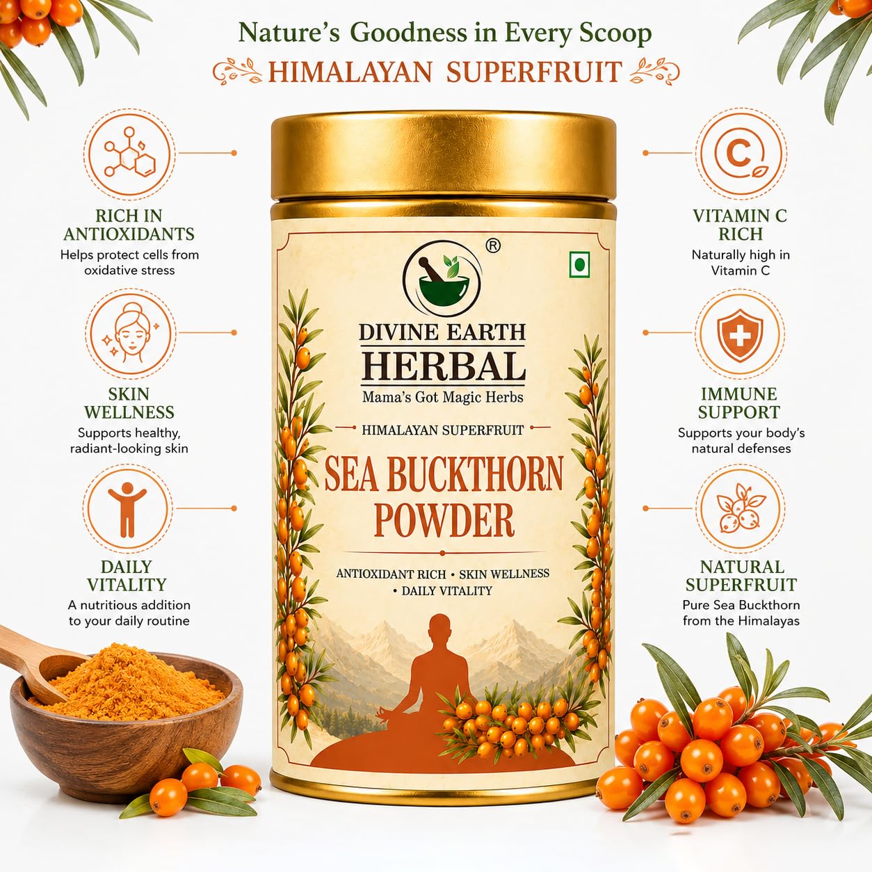 Sea Buckthorn Extract Powder | Veg Collagen Berry Superfood | Rich in Omega 3,6,7,9 with Fiber, Vitamin C & E | Supports Heart, Skin, Hair & Immunity | 100g Pack