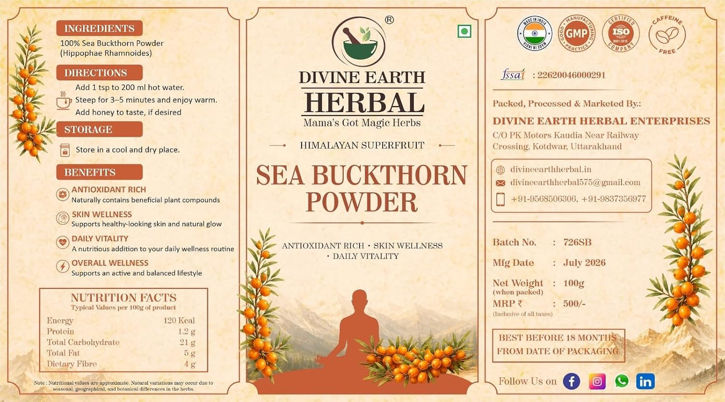 Sea Buckthorn Extract Powder | Veg Collagen Berry Superfood | Rich in Omega 3,6,7,9 with Fiber, Vitamin C & E | Supports Heart, Skin, Hair & Immunity | 100g Pack