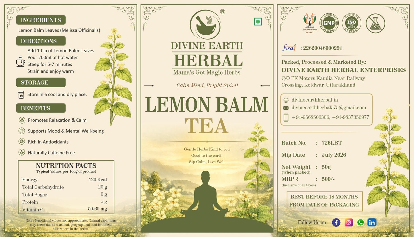 Divine Earth Herbal Lemon Balm Tea | 100% Pure Dried Lemon Balm Leaves | No Added Flavors or Preservatives | Loose Leaf Herbal Tea in Natural Form – 50g