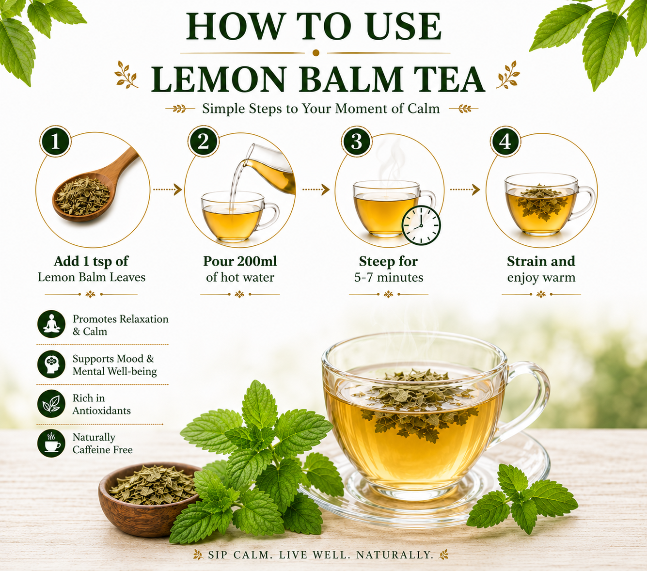 Divine Earth Herbal Lemon Balm Tea | 100% Pure Dried Lemon Balm Leaves | No Added Flavors or Preservatives | Loose Leaf Herbal Tea in Natural Form – 50g