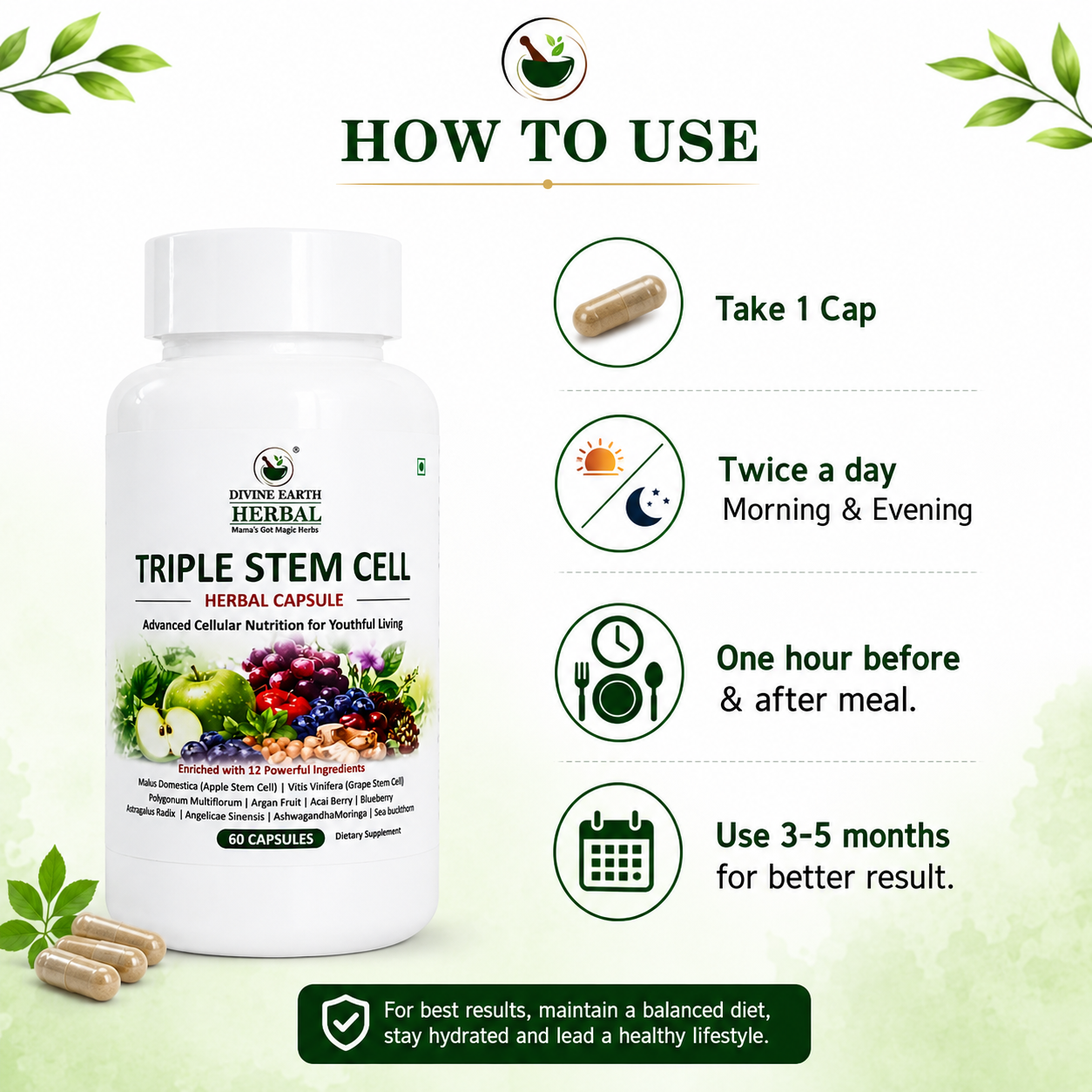 Himalayan Triple Stemcell Capsules (60 Capsules) | Apple & Grape Stem Cell Extract with Berry & Herbal Blend | Antioxidant-Rich Wellness Supplement