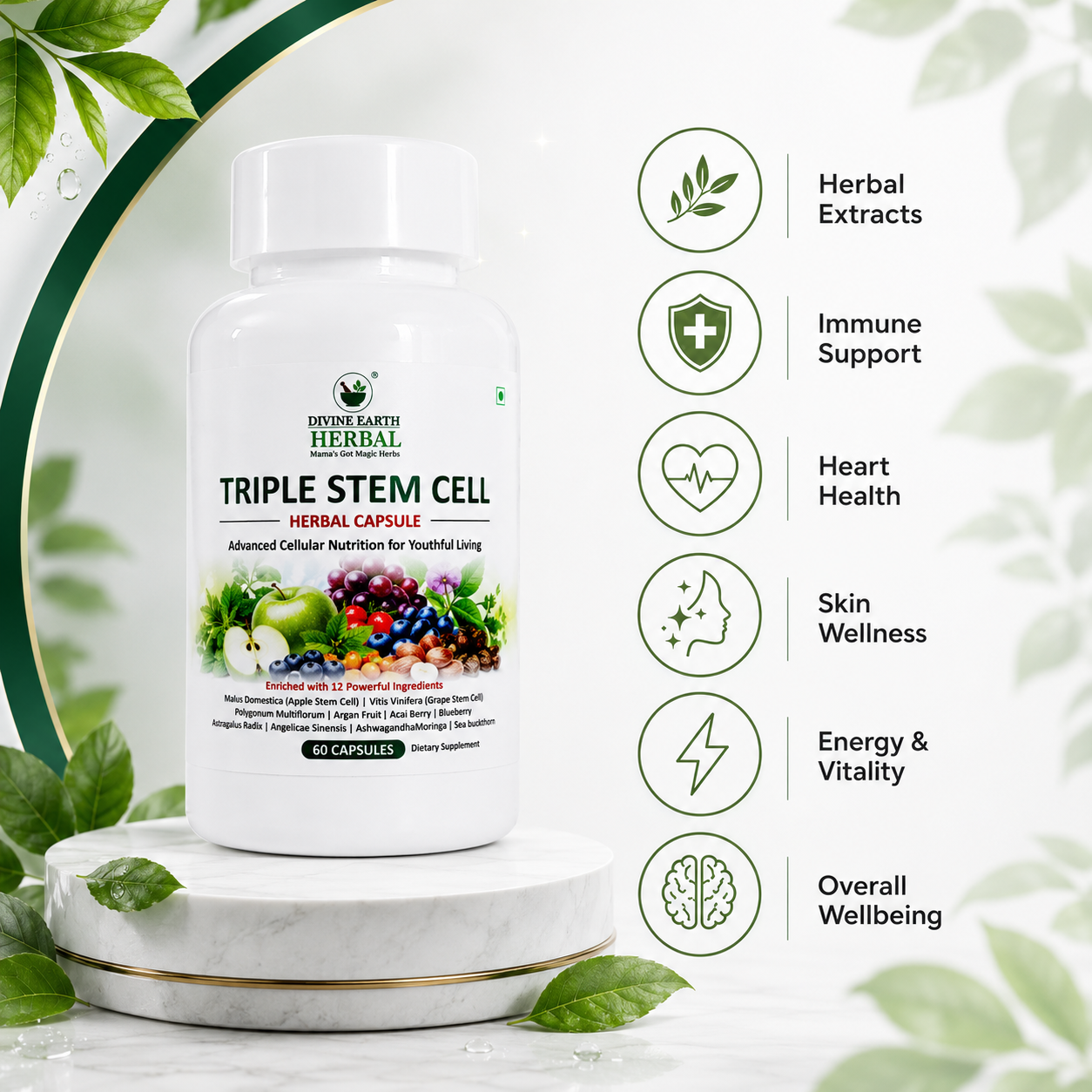 Himalayan Triple Stemcell Capsules (60 Capsules) | Apple & Grape Stem Cell Extract with Berry & Herbal Blend | Antioxidant-Rich Wellness Supplement