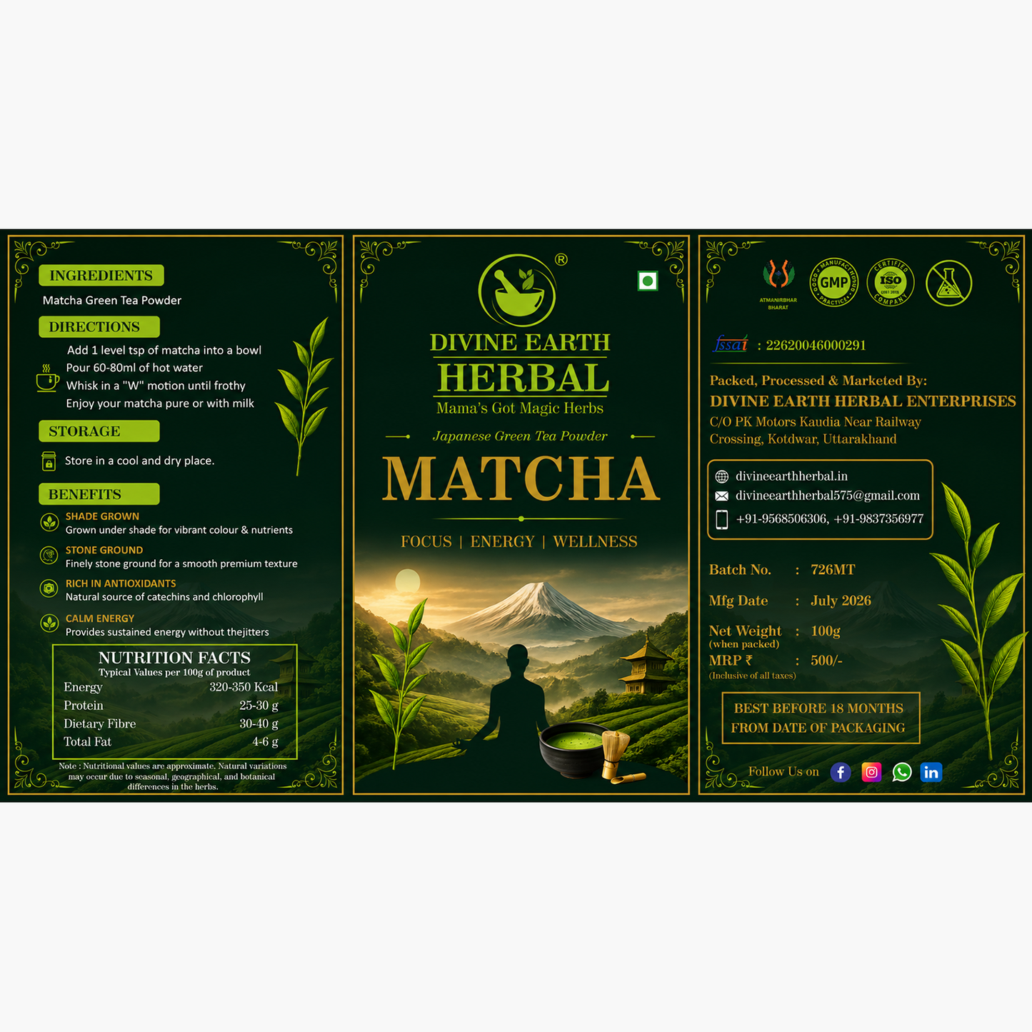 Divine Earth Herbal Matcha Green Tea Powder 100 Grams, Japanese Matcha Powder with 100% Natural, Ultra-Fine, Smooth & No Bitter Aftertaste, Natural Energy & Focus