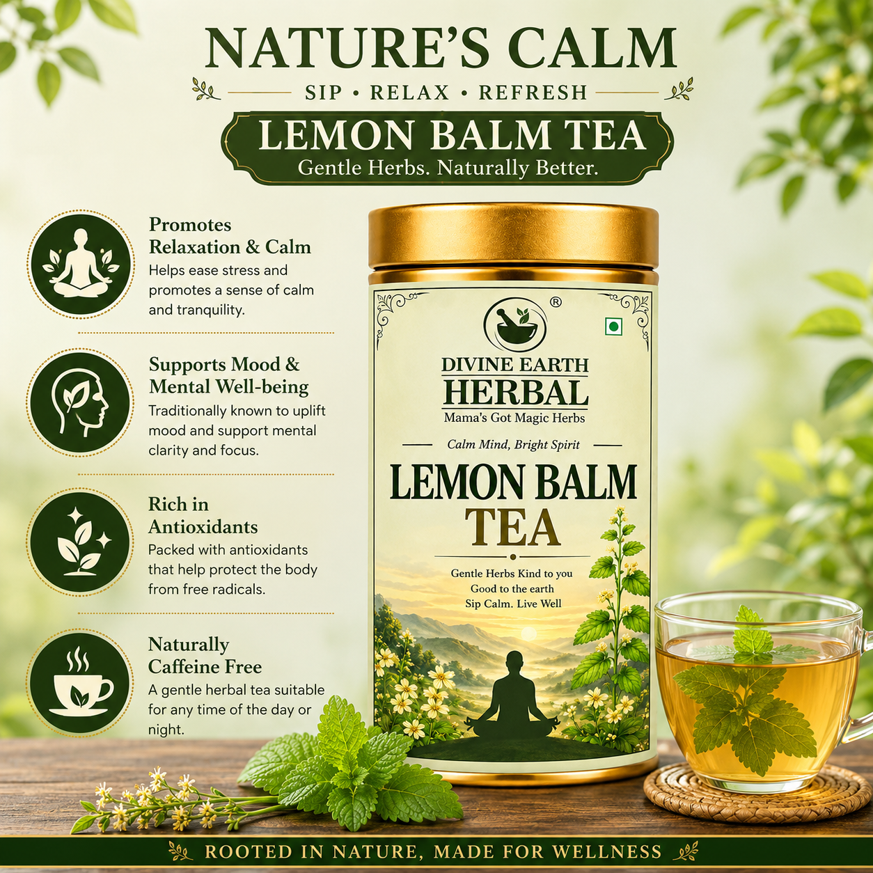 Divine Earth Herbal Lemon Balm Tea | 100% Pure Dried Lemon Balm Leaves | No Added Flavors or Preservatives | Loose Leaf Herbal Tea in Natural Form – 50g
