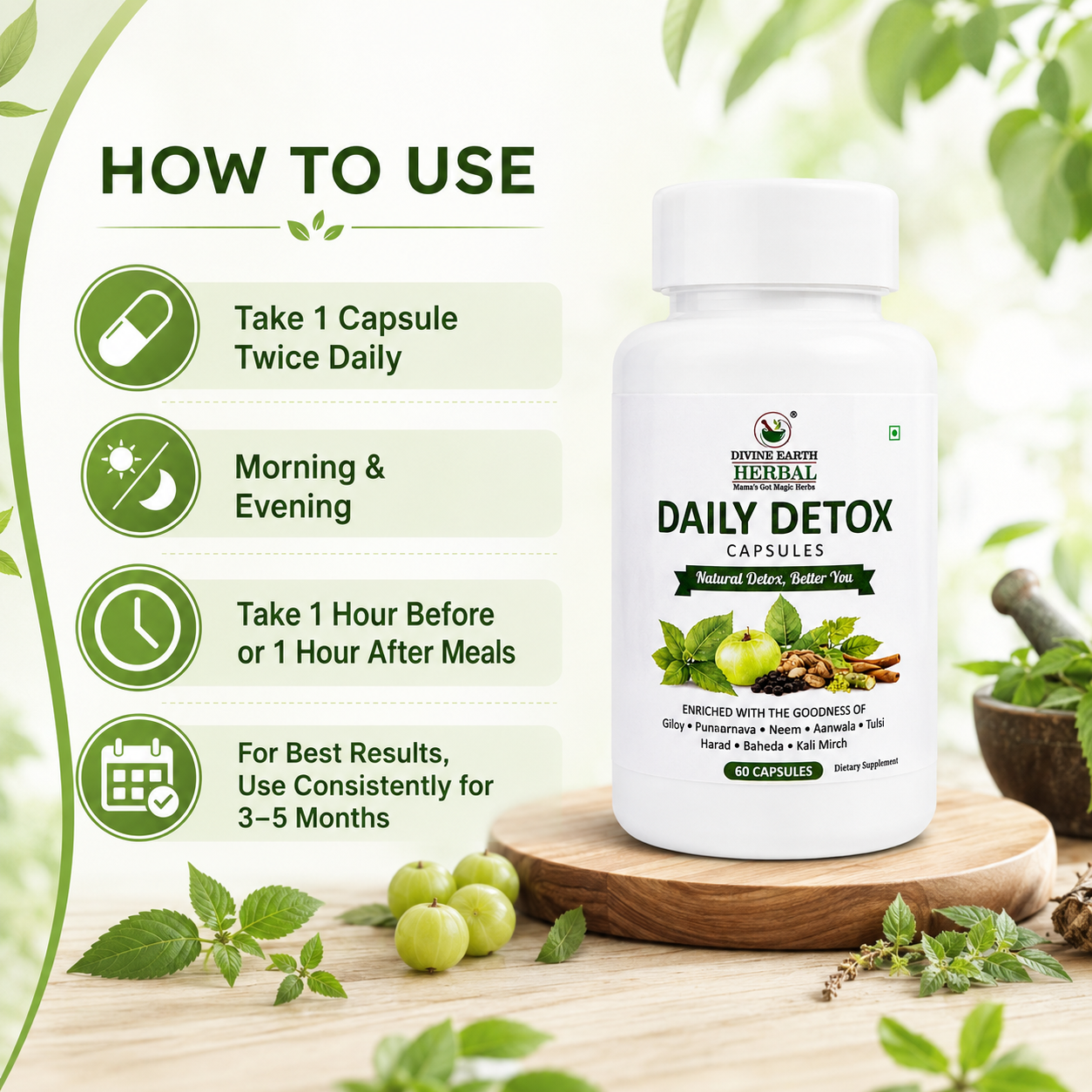 Divine Earth Herbal Daily Detox Capsules | Natural Herbal Supplement with Giloy, Punarnava, Neem, Amla, Tulsi, Harad, Baheda & Kali Mirch | Daily Wellness Support | 60 Capsules