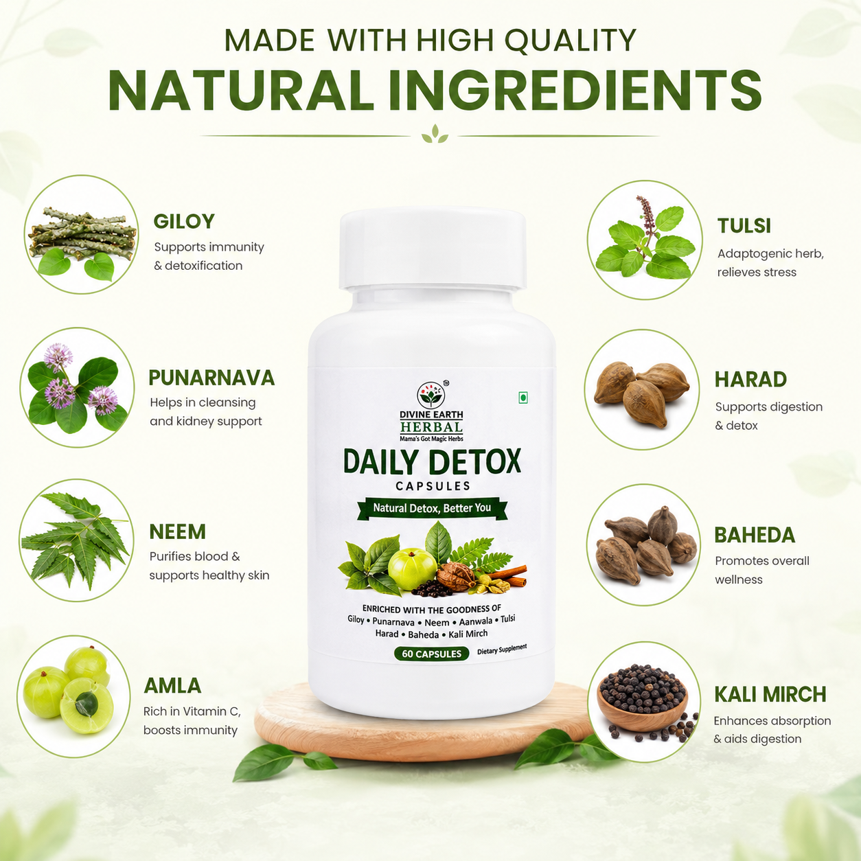Divine Earth Herbal Daily Detox Capsules | Natural Herbal Supplement with Giloy, Punarnava, Neem, Amla, Tulsi, Harad, Baheda & Kali Mirch | Daily Wellness Support | 60 Capsules