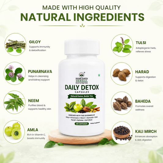 Divine Earth Herbal Daily Detox Capsules | Natural Herbal Supplement with Giloy, Punarnava, Neem, Amla, Tulsi, Harad, Baheda & Kali Mirch | Daily Wellness Support | 60 Capsules