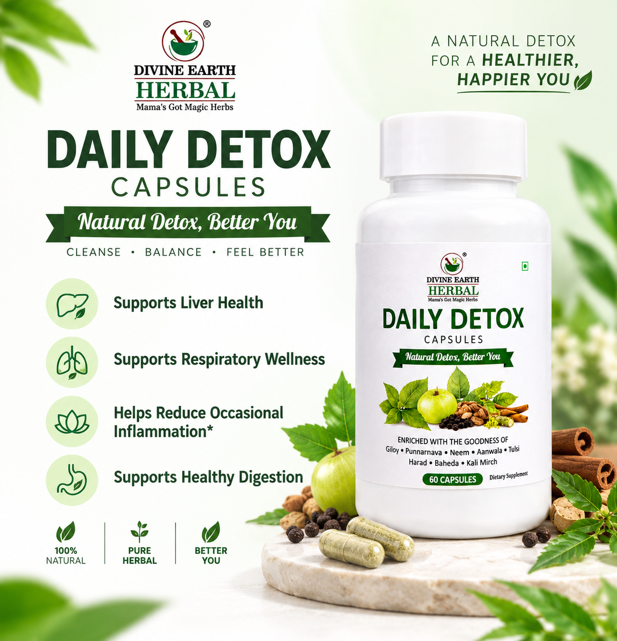 Divine Earth Herbal Daily Detox Capsules | Natural Herbal Supplement with Giloy, Punarnava, Neem, Amla, Tulsi, Harad, Baheda & Kali Mirch | Daily Wellness Support | 60 Capsules