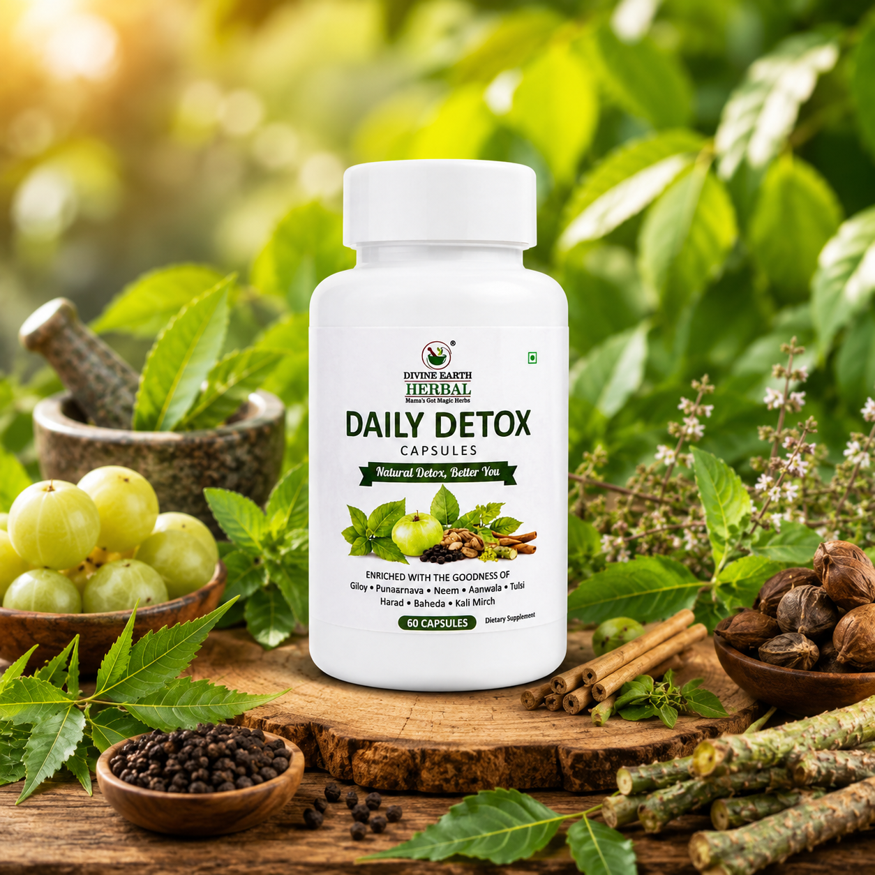 Divine Earth Herbal Daily Detox Capsules | Natural Herbal Supplement with Giloy, Punarnava, Neem, Amla, Tulsi, Harad, Baheda & Kali Mirch | Daily Wellness Support | 60 Capsules