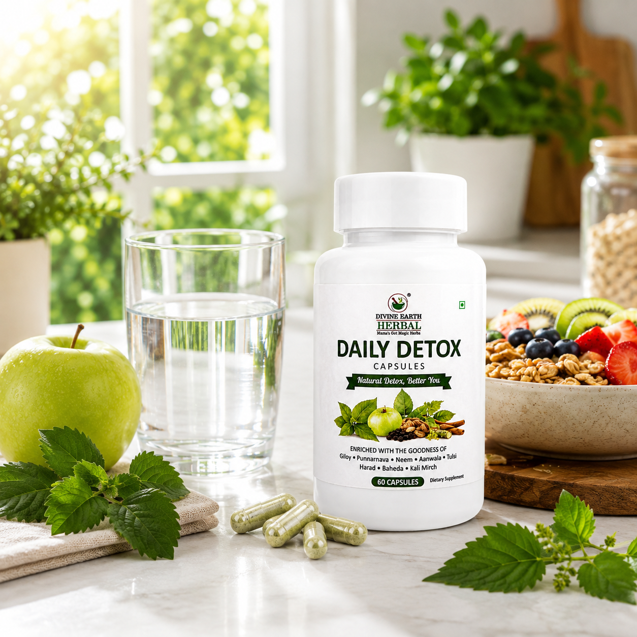 Divine Earth Herbal Daily Detox Capsules | Natural Herbal Supplement with Giloy, Punarnava, Neem, Amla, Tulsi, Harad, Baheda & Kali Mirch | Daily Wellness Support | 60 Capsules