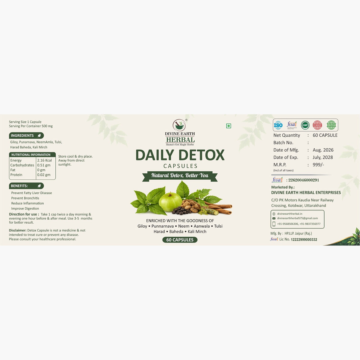 Divine Earth Herbal Daily Detox Capsules | Natural Herbal Supplement with Giloy, Punarnava, Neem, Amla, Tulsi, Harad, Baheda & Kali Mirch | Daily Wellness Support | 60 Capsules