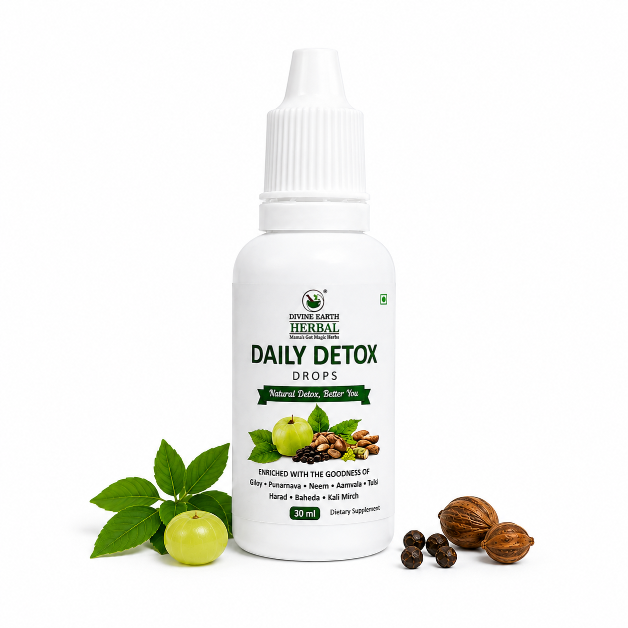 Divine Earth Herbal Daily Detox Drops | Herbal Detox Formula with Giloy, Neem, Tulsi, Amla & Punarnava | Supports Liver Health, Digestion & Natural Detox | 30ml