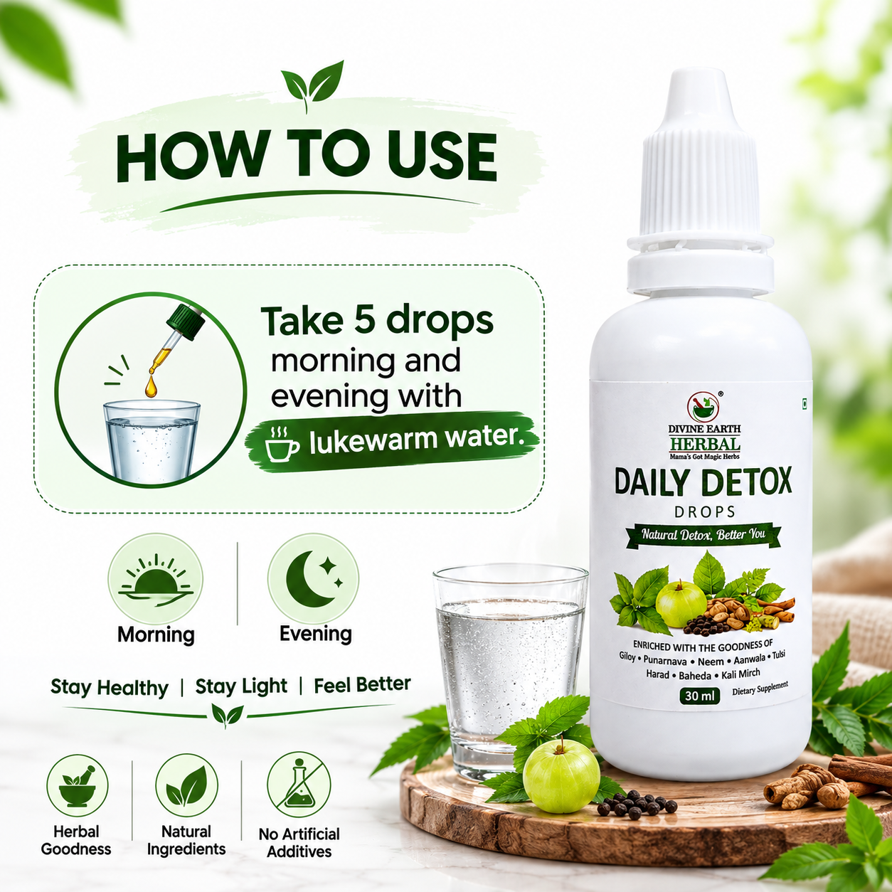 Divine Earth Herbal Daily Detox Drops | Herbal Detox Formula with Giloy, Neem, Tulsi, Amla & Punarnava | Supports Liver Health, Digestion & Natural Detox | 30ml