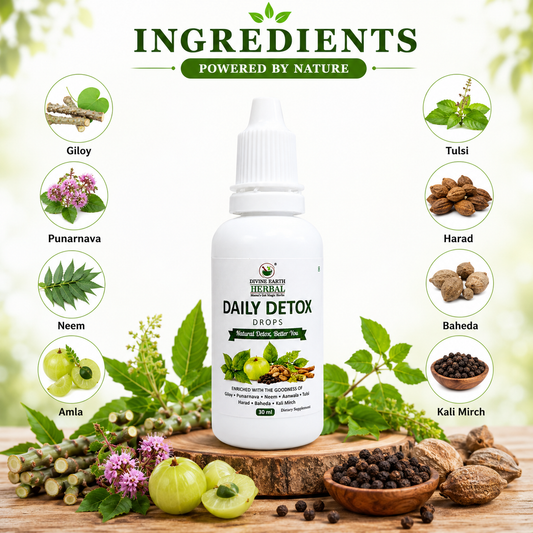 Divine Earth Herbal Daily Detox Drops | Herbal Detox Formula with Giloy, Neem, Tulsi, Amla & Punarnava | Supports Liver Health, Digestion & Natural Detox | 30ml