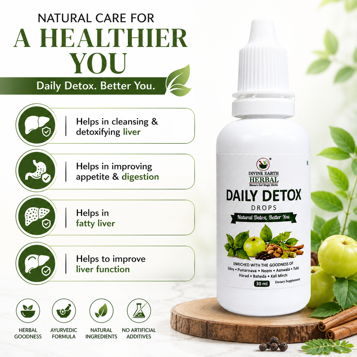 Divine Earth Herbal Daily Detox Drops | Herbal Detox Formula with Giloy, Neem, Tulsi, Amla & Punarnava | Supports Liver Health, Digestion & Natural Detox | 30ml