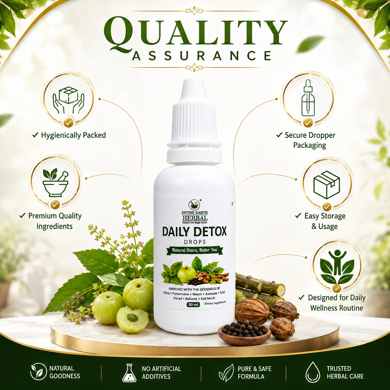 Divine Earth Herbal Daily Detox Drops | Herbal Detox Formula with Giloy, Neem, Tulsi, Amla & Punarnava | Supports Liver Health, Digestion & Natural Detox | 30ml
