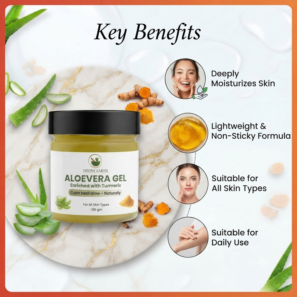 Divine Earth Herbal Aloe Vera Gel with Turmeric Extract (100g) | Natural Skin & Hair Care Gel | Hydrates, Soothes & Nourishes | For All Skin Types