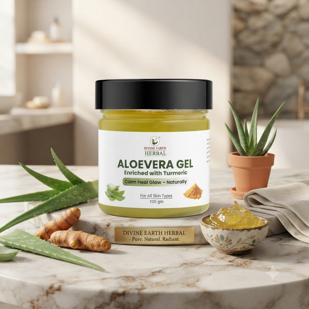 Divine Earth Herbal Aloe Vera Gel with Turmeric Extract (100g) | Natural Skin & Hair Care Gel | Hydrates, Soothes & Nourishes | For All Skin Types